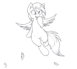 Size: 1027x921 | Tagged: safe, artist:joey darkmeat, character:derpy hooves, species:pegasus, species:pony, belly button, feather, female, mare, monochrome, solo, traditional art, wide hips