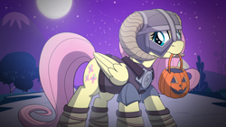 Size: 4000x2250 | Tagged: safe, artist:drawponies, character:fluttershy, candy, clothing, costume, crossover, cute, dovahkiin, dovahshy, female, food, moon, mouth hold, night, nightmare night, pail, pumpkin bucket, shyabetes, skyrim, solo, stars, the elder scrolls
