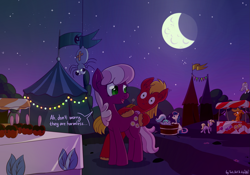 Size: 2649x1854 | Tagged: safe, artist:dsp2003, artist:lalieri, character:big mcintosh, character:bon bon, character:cheerilee, character:dinky hooves, character:lyra heartstrings, character:princess celestia, character:sweetie drops, oc, species:earth pony, species:pony, princess molestia, candy, collaboration, comic, derp, female, food, grin, ice cream, luis, male, moon, nightmare night, single panel, smiling, sombrero, spider, stallion