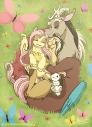 Size: 900x1239 | Tagged: safe, artist:inuhoshi-to-darkpen, character:angel bunny, character:discord, character:fluttershy, ship:discoshy, butterfly, cute, cute little fangs, eyes closed, fangs, field, flower, grass, lying down, male, on back, on side, outdoors, resting, shipping, shyabetes, straight, trio, unshorn fetlocks