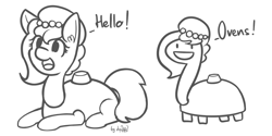 Size: 2400x1200 | Tagged: safe, artist:dsp2003, oc, oc:brownie bun, asdfmovie, black and white, crossover, cute, dialogue, grayscale, hello, mine turtle, monochrome, ocbetes, open mouth, parody, prone, simple background, sketch, smiling, tumblr, weapons-grade cute, white background, xk-class end-of-the-kitchen scenario, xk-class end-of-the-world scenario