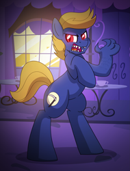 Size: 1517x1999 | Tagged: safe, artist:drawponies, oc, oc only, oc:moonsaber, species:pony, angry, bipedal, canterlot, monster, scenery, solo