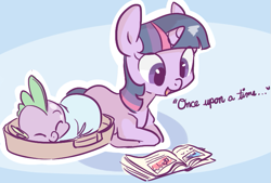 Size: 741x501 | Tagged: source needed, safe, artist:php27, artist:rustydooks, character:spike, character:twilight sparkle, character:twilight sparkle (unicorn), species:dragon, species:pony, species:unicorn, book, cute, dialogue, duo, eyes closed, mama twilight, prone, reading, sleeping, spikabetes, spikelove, twiabetes