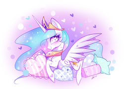 Size: 1200x864 | Tagged: safe, artist:ipun, character:princess celestia, blushing, cute, cutelestia, female, heart, heart eyes, heart pillow, pillow, prone, smiling, solo, spread wings, wingding eyes, wings