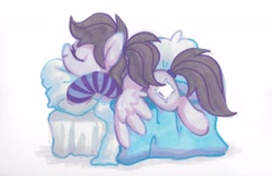 Size: 5354x3480 | Tagged: safe, artist:dawnfire, oc, oc only, oc:pillow case, species:pegasus, species:pony, bed, blanket, clothing, cozy, cute, female, hoodie, lying down, mare, marker drawing, ocbetes, pillow, ponies in earth, ponytail, prone, side view, simple background, sleeping, socks, solo, sploot, striped socks, traditional art, white background, wings