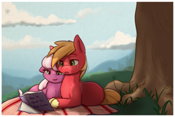 Size: 1800x1200 | Tagged: safe, artist:captainpudgemuffin, character:big mcintosh, character:cheerilee, species:earth pony, species:pony, ship:cheerimac, g4, blanket, book, captainpudgemuffin is trying to murder us, cheeribetes, cloud, commission, cute, female, illiteracy, lidded eyes, macabetes, male, mare, open mouth, ponyloaf, prone, reading, shipping, sky, smiling, snuggling, stallion, straight, tree, younger
