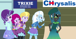 Size: 1374x712 | Tagged: safe, artist:themexicanpunisher, character:fuchsia blush, character:lavender lace, character:queen chrysalis, character:starlight glimmer, character:trixie, my little pony:equestria girls, 2016 us presidential election, angry, equestria girls-ified, female, frown, hand on hip, looking away, open mouth, trixie and the illusions, younger