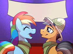 Size: 1155x852 | Tagged: safe, artist:drawponies, character:quibble pants, character:rainbow dash, episode:stranger than fanfiction, clothing, duo, hat, open mouth, plot