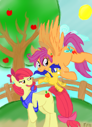 Size: 2344x3216 | Tagged: safe, artist:enigmaticfrustration, artist:freefraq, character:apple bloom, character:scootaloo, parent:apple bloom, parent:scootaloo, parents:scootabloom, species:pegasus, species:pony, ship:scootabloom, blank flank, female, fence, lesbian, magical lesbian spawn, male, mother and son, offspring, older, shipping, tree