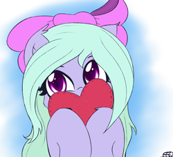 Size: 2200x2000 | Tagged: safe, artist:freefraq, character:flitter, species:pegasus, species:pony, bow, bust, cute, female, flitterbetes, freefraq is trying to murder us, hair bow, heart, looking at you, solo, weapons-grade cute