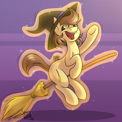 Size: 4000x4000 | Tagged: safe, artist:sugaryviolet, oc, oc only, oc:city sweep, oc:star bright, species:earth pony, species:pony, species:unicorn, broom, clothing, flying, flying broomstick, hat, levitation, macro, magic, micro, open mouth, smiling, sparkles, telekinesis, underhoof, waving, witch hat