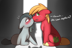 Size: 1800x1200 | Tagged: safe, artist:captainpudgemuffin, character:big mcintosh, character:marble pie, species:earth pony, species:pony, ship:marblemac, blushing, boop, caught, chest fluff, commission, cute, dialogue, female, floppy ears, fluffy, i can explain, implied cloudy quartz, lewd, looking at you, macabetes, male, marblebetes, nose wrinkle, noseboop, nuzzling, offscreen character, on side, shipping, sitting, straight, surprised, sweat, wide eyes