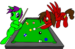 Size: 753x496 | Tagged: safe, artist:toyminator900, oc, oc only, oc:chip, oc:clever clop, species:pegasus, species:pony, species:unicorn, billiards, bipedal, duo, simple background, transparent background