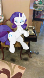Size: 1440x2560 | Tagged: safe, artist:joey darkmeat, artist:spier17, artist:tokkazutara1164, character:rarity, carpet, chair, irl, lidded eyes, old school, photo, plate, ponies in real life, rug, shadow, sitting, solo, table, telephone, vector