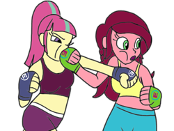 Size: 800x600 | Tagged: safe, artist:toyminator900, character:gloriosa daisy, character:sour sweet, my little pony:equestria girls, boxing, clothing, exeron fighters, exeron gloves, midriff, mma, punch, sports bra