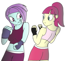 Size: 769x716 | Tagged: safe, artist:toyminator900, character:majorette, character:sunny flare, character:sweeten sour, my little pony:equestria girls, boxing, clothing, exeron fighters, exeron gloves, majorette, midriff, mma, sports bra, sweeten sour, tank top