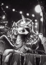 Size: 850x1200 | Tagged: safe, artist:assasinmonkey, character:princess celestia, species:alicorn, species:pony, balcony, beautiful, bedroom eyes, black and white, clothing, dress, female, grayscale, lidded eyes, mare, monochrome, noir, scenery, solo, spread wings, wings