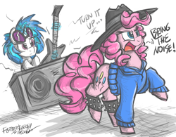 Size: 1200x935 | Tagged: safe, artist:flutterthrash, character:dj pon-3, character:pinkie pie, character:vinyl scratch, anthrax, bring the noise, dialogue, electric guitar, guitar, public enemy, rapper pie, song reference