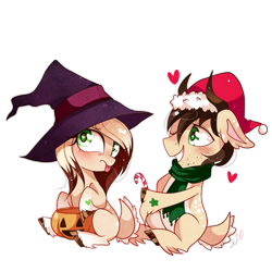 Size: 1200x1200 | Tagged: safe, artist:ipun, oc, oc only, candy, candy cane, clothing, food, halloween, hat, heart, heart eyes, holiday, jack-o-lantern, pumpkin, santa hat, scarf, simple background, transparent background, unshorn fetlocks, wingding eyes, witch hat