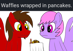 Size: 1080x761 | Tagged: safe, artist:toyminator900, oc, oc only, oc:chip, oc:melody notes, species:pegasus, species:pony, butter, duo, food, maple syrup, meta, pancakes, simple background, transparent background, waffle