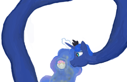 Size: 2000x1295 | Tagged: safe, artist:lupin quill, character:princess luna, cupcake, female, food, impossibly long neck, magic, necc, princess luneck, simple background, solo, telekinesis, wat, white background