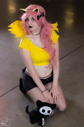 Size: 3456x5184 | Tagged: safe, artist:krazykari, character:fluttershy, species:human, belly button, bra strap, clothing, cosplay, costume, fishnets, fluttergoth, goth, irl, irl human, midriff, photo, plushie, shirt, short shirt, shorts, solo