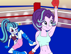 Size: 1600x1200 | Tagged: safe, artist:toyminator900, character:sonata dusk, character:starlight glimmer, equestria girls:rainbow rocks, g4, my little pony: equestria girls, my little pony:equestria girls, beaten up, belly button, boxing, boxing gloves, bruised, clothing, equestria girls-ified, midriff, shoes, sneakers, sports bra