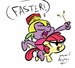 Size: 770x700 | Tagged: safe, artist:tess, character:apple bloom, character:spike, species:dragon, species:earth pony, species:pony, colored, confused, dragons riding ponies, duo, female, filly, floppy ears, male, riding, simple background, transparent background
