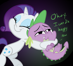 Size: 770x700 | Tagged: safe, artist:tess, character:rarity, character:spike, species:dragon, species:pony, species:unicorn, ship:sparity, colored, female, hug, hug from behind, male, mare, shipping, smiling, spikelove, straight