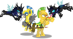 Size: 6101x3253 | Tagged: safe, artist:vector-brony, oc, oc only, oc:cloud zapper, species:changeling, species:earth pony, species:pegasus, species:pony, armor, changeling guard, changeling oc, changeling officer, fangs, fight, long tongue, royal guard, simple background, sword, tongue out, transparent background, vector, weapon