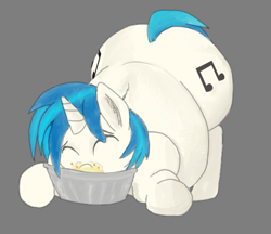 Size: 599x518 | Tagged: safe, artist:lupin quill, character:dj pon-3, character:vinyl scratch, both cutie marks, eyes closed, fat, female, food, messy eating, pie tin, simple background, solo, vinyl fat