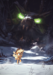 Size: 850x1200 | Tagged: safe, artist:assasinmonkey, character:applejack, species:earth pony, species:pony, clothing, cowboy hat, female, freckles, glowing eyes, hat, king timber wolf, mare, running, scared, scenery, signature, size difference, snow, solo, stetson, timber wolf, winter