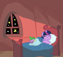 Size: 1100x1000 | Tagged: safe, artist:tess, character:spike, character:twilight sparkle, species:dragon, species:pony, species:unicorn, bed, colored, duo, female, male, mare, night, sleeping, window