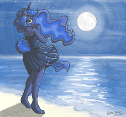 Size: 1200x1111 | Tagged: safe, artist:flutterthrash, character:princess luna, species:alicorn, species:anthro, species:plantigrade anthro, species:pony, g4, barefoot, beach, clothing, commission, dress, feet, female, lidded eyes, looking at you, looking back, moon, night, night sky, ocean, open mouth, sand, smiling, solo, stars, water, wingless, wingless anthro