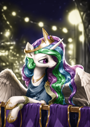 Size: 850x1200 | Tagged: safe, artist:assasinmonkey, edit, character:princess celestia, species:alicorn, species:pony, balcony, beautiful, clothing, color edit, colored, crown, dress, female, jewelry, lidded eyes, mare, regalia, scenery, solo, spread wings, tiara, wing fluff, wings