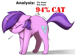 Size: 2400x1800 | Tagged: dead source, safe, artist:captainpudgemuffin, character:amethyst star, character:sparkler, species:pony, species:unicorn, g4, analysis, behaving like a cat, captainpudgemuffin is trying to murder us, cat, catpony, chest fluff, cute, dock, eyes closed, female, fluffy, hnnng, original species, pone, shivering, simple background, solo, stretching, white background