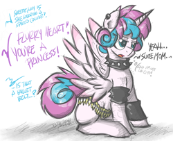 Size: 1000x813 | Tagged: safe, artist:flutterthrash, character:princess flurry heart, species:alicorn, species:pony, g4, bullet belt, choker, dialogue, ear piercing, edgy, female, implied princess cadance, implied shining armor, it's a phase, mare, offscreen character, older, piercing, princess emo heart, punk, rebellious teen, simple background, solo, spiked choker, spread wings, white background, wings