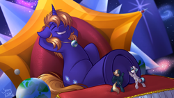 Size: 1280x720 | Tagged: safe, artist:sugaryviolet, oc, oc only, oc:ocean serenity, oc:snap feather, oc:star bright, species:pony, cosmic wizard, earth, eyes closed, giant pony, godpone, hoofrub, macro, massage, planet, pony bigger than a galaxy, pony bigger than a planet, pony bigger than a solar system, pony bigger than a star, pony bigger than a universe, pony heavier than a black hole, relaxing, sitting, space, stars, throne, underhoof
