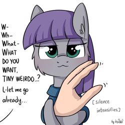 Size: 1920x1920 | Tagged: safe, artist:dsp2003, part of a set, character:maud pie, species:earth pony, species:pony, :3, bangs, blushing, cute, diabetes, dialogue, female, holding a human, i can't believe it's not tjpones, lidded eyes, looking at you, mare, maudabetes, offscreen character, pov, role reversal, simple background, single panel, smiling, style emulation, what do you want, when she smiles, white background, x intensifies
