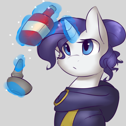 Size: 1800x1800 | Tagged: safe, artist:captainpudgemuffin, character:rarity, alchemy, crossover, female, glowing horn, gray background, magic, mortar and pestle, potion, simple background, skyrim, solo, the elder scrolls