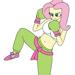 Size: 900x900 | Tagged: safe, artist:toyminator900, derpibooru original, character:fluttershy, my little pony:equestria girls, badass, belly button, boxing gloves, breasts, busty fluttershy, female, flutterbadass, kickboxing, martial arts, midriff, simple background, solo, transparent background