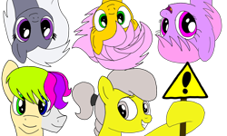 Size: 2000x1200 | Tagged: safe, artist:toyminator900, oc, oc only, oc:andandampersand, oc:aureai gray, oc:beauty cheat, oc:melody notes, oc:osha, species:earth pony, species:pegasus, species:pony, female, looking at you, mare, open mouth, sign, simple background, smiling, transparent background