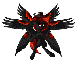 Size: 2062x1654 | Tagged: safe, artist:beardie, oc, oc only, oc:daemos, species:alicorn, species:pony, alicorn oc, chicken wings, cyborg, demon, edgy, female, halo, mare, multiple wings, red and black oc, red eyes, robot, seraph, seraphicorn, simple background, solo, spread wings, this isn't even my final form, transparent background, wings