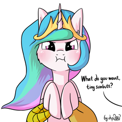Size: 1920x1920 | Tagged: dead source, safe, artist:dsp2003, part of a set, character:discord, character:princess celestia, species:pony, :i, angry, blushing, chibi, cute, cutelestia, diabetes, dialogue, don't call me sunbutt, fluffy, glare, grumpy, holding a pony, i can't believe it's not tjpones, implied discord, looking at you, offscreen character, part of a series, puffy cheeks, scrunchy face, simple background, style emulation, sunbutt, this will end in tears and/or a journey to the moon, unamused, what do you want, white background