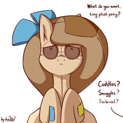 Size: 1920x1920 | Tagged: safe, artist:dsp2003, part of a set, oc, oc only, oc:raggie, species:pony, button eyes, crying, female, hagwarders, holding a pony, i can't believe it's not tjpones, offscreen character, original species, part of a series, plush pony, sad, style emulation, what do you want