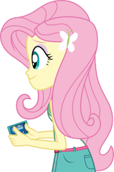 Size: 7000x10570 | Tagged: safe, artist:luckreza8, character:fluttershy, equestria girls:legend of everfree, g4, my little pony: equestria girls, my little pony:equestria girls, absurd resolution, clothing, female, phone, shorts, simple background, smartphone, smiling, solo, transparent background, vector