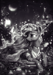 Size: 850x1200 | Tagged: safe, artist:assasinmonkey, character:princess luna, species:alicorn, species:pony, beautiful, canterlot, city, clothing, crescent moon, dress, female, grayscale, jewelry, mare, monochrome, moon, necklace, night, pond, prone, scenery, solo, stars, water, waterlily
