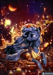 Size: 566x800 | Tagged: safe, artist:assasinmonkey, edit, character:princess luna, species:alicorn, species:pony, algorithmia, beautiful, canterlot, city, clothing, color edit, colored, colorize-it, crescent moon, deep learning, dress, female, jewelry, mare, moon, necklace, night, pond, prone, scenery, solo, stars, water, waterlily