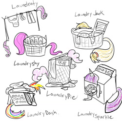 Size: 1280x1280 | Tagged: safe, artist:strangerdanger, character:applejack, character:fluttershy, character:pinkie pie, character:rainbow dash, character:rarity, character:twilight sparkle, clothes line, clothing, laundry, laundry basket, mane six, not salmon, pants, simple background, sock, socks, sweater, washboard, washing machine, wat, white background