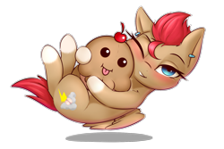 Size: 1800x1200 | Tagged: safe, artist:captainpudgemuffin, oc, oc only, oc:avery softequine, species:pegasus, species:pony, derpibooru community collaboration, 2017 community collab, blushing, ear piercing, floating, looking at you, muffin, one eye closed, piercing, plushie, simple background, tongue out, transparent background